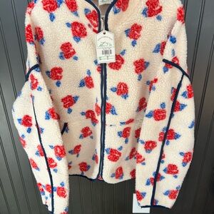Cream Teddy Jacket with Red and Blue Floral Pattern
